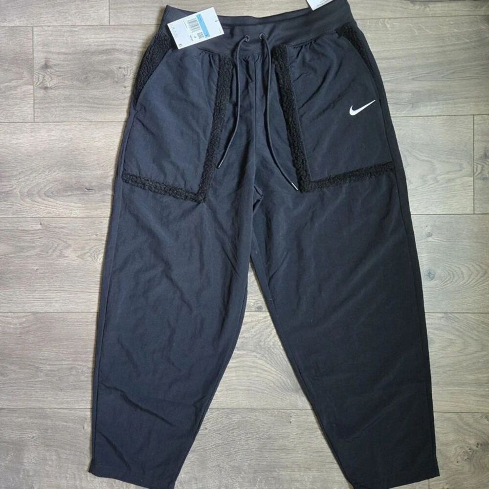 Nike Womens High Rise Loose Fit Woven Cargo Pants Black Sherpa Trim M DQ6809